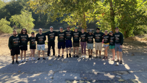 Group of PhD students and faculty members pose at Meramec State Park